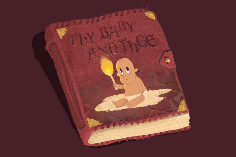 Illustration of a big medieval leather book with a baby holding a torch on the cover.